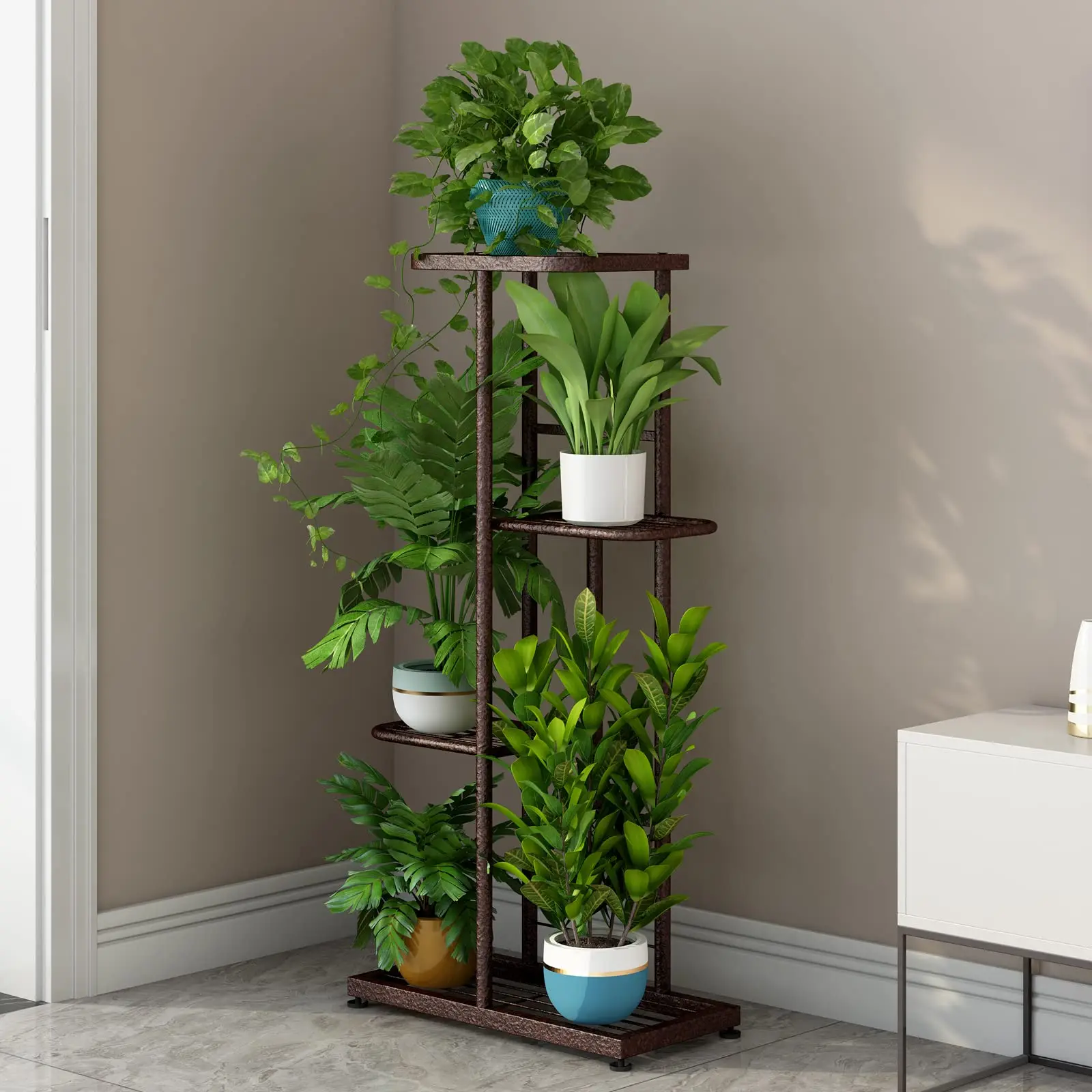 Metal Plant Stand 4 Tier 5 Potted Flower Pot Holder Shelf Indoor Outdoor Multiple Planter Display Rack Shelving Unit for Patio Garden Corner Balcony Living Room Home Decor