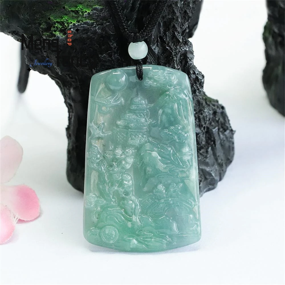 Natural A-goods Jadeite Pendant Blue Water Landscape Plaque Pendant Exquisite High-grade Luxury Fashion Jadeite Holiday Gifts