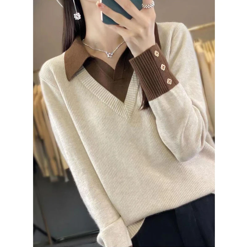 Women\'s Clothing 2023 Autumn Winter Korean Fashion Patchwork Elegant Chic Knitwear Female Lapel Long Sleeve Loose Pullover Tops