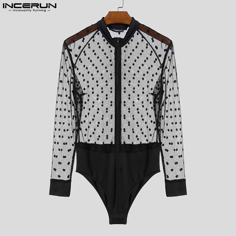 INCERUN 2025 American Style Sexy Rompers Mens Stylish Homewear Jumpsuits Spliced Polka Dot See-through Mesh Thin Bodysuits S-3XL