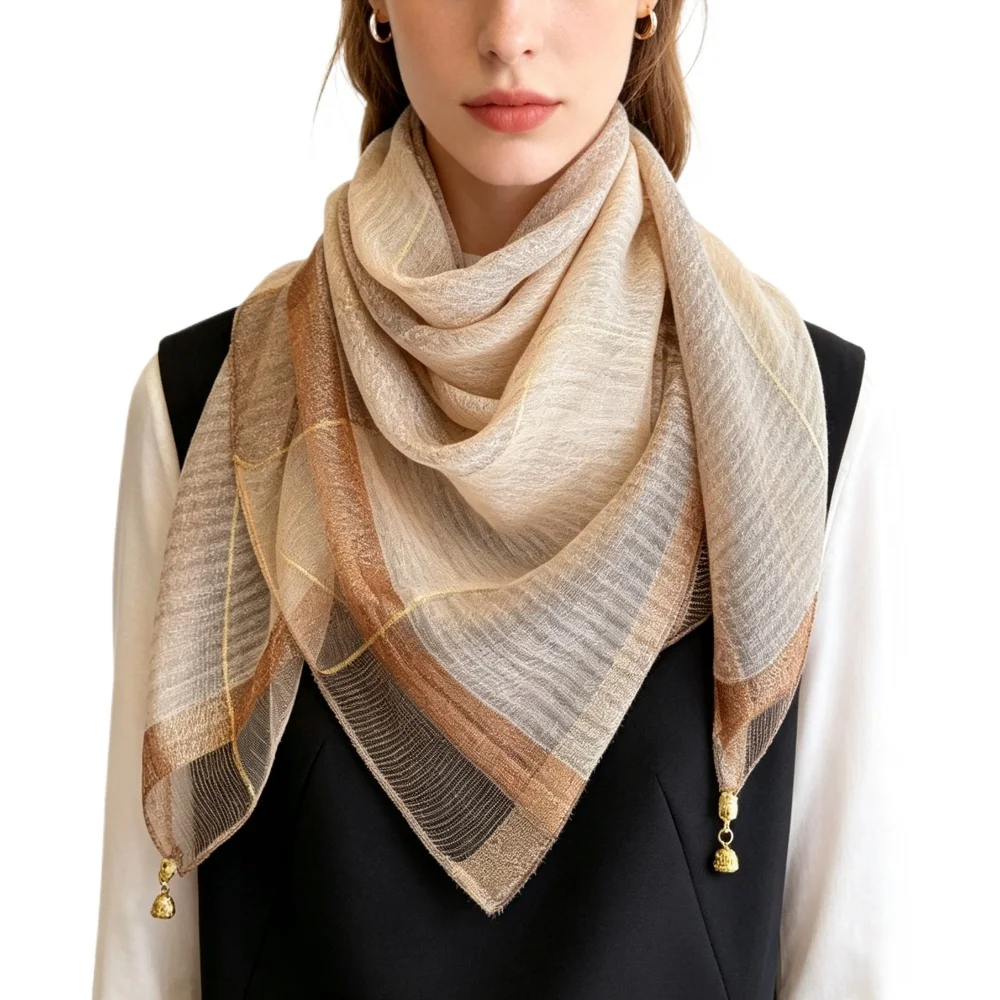 1 nouveau foulard carré en soie dorée avec boucle magnétique, protection du cou, 70 cm, foulard polyvalent à la mode pour femmes