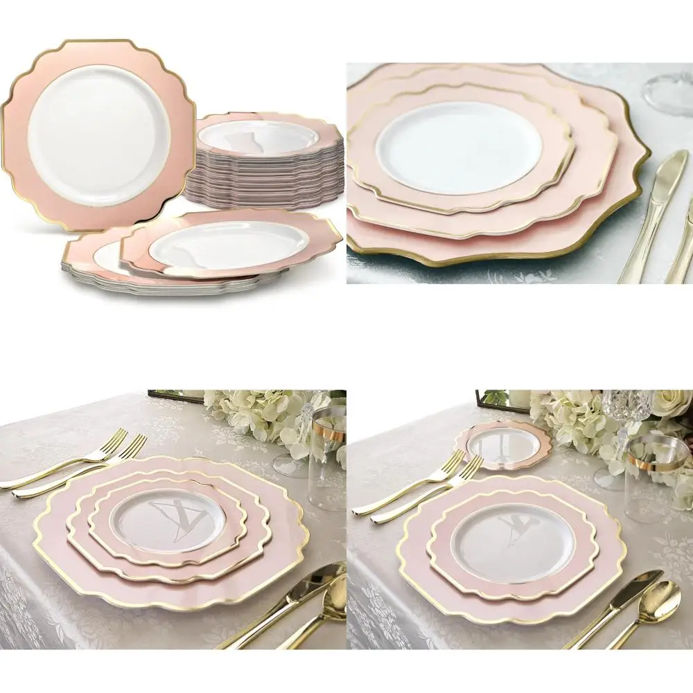 

Heavyweight Disposable Plastic Plates for Weddings and Parties, 60 Pack, 10.5 Inch Dinner Size, Imperial Blush and Gold Accents