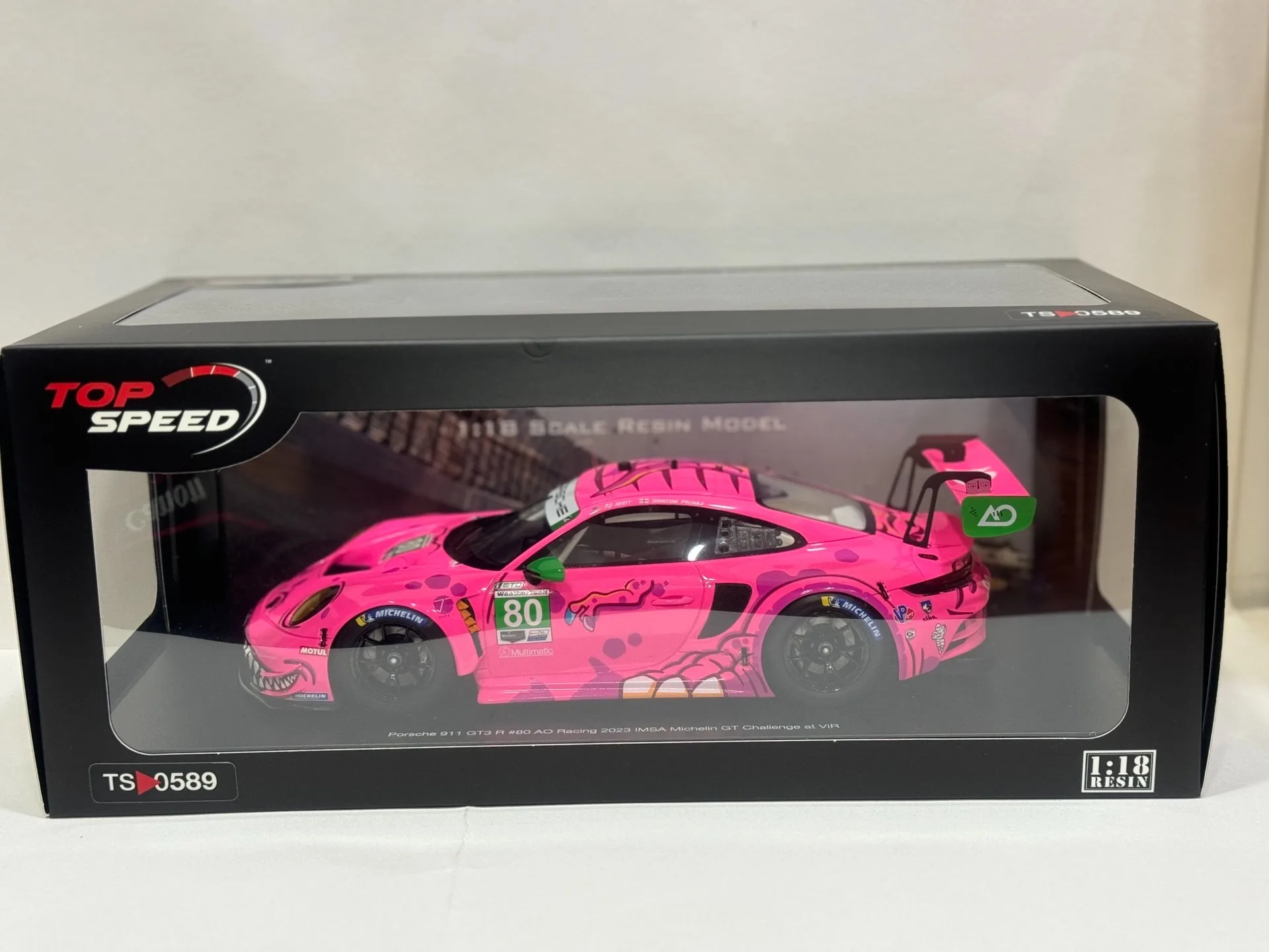 Diecast Topspeed Scala 1/18 Porsche 911GT3 R No.80 2023 IMSA Michelin GT Sfida in VIR Modello di auto in resina Giocattolo da collezione Regalo