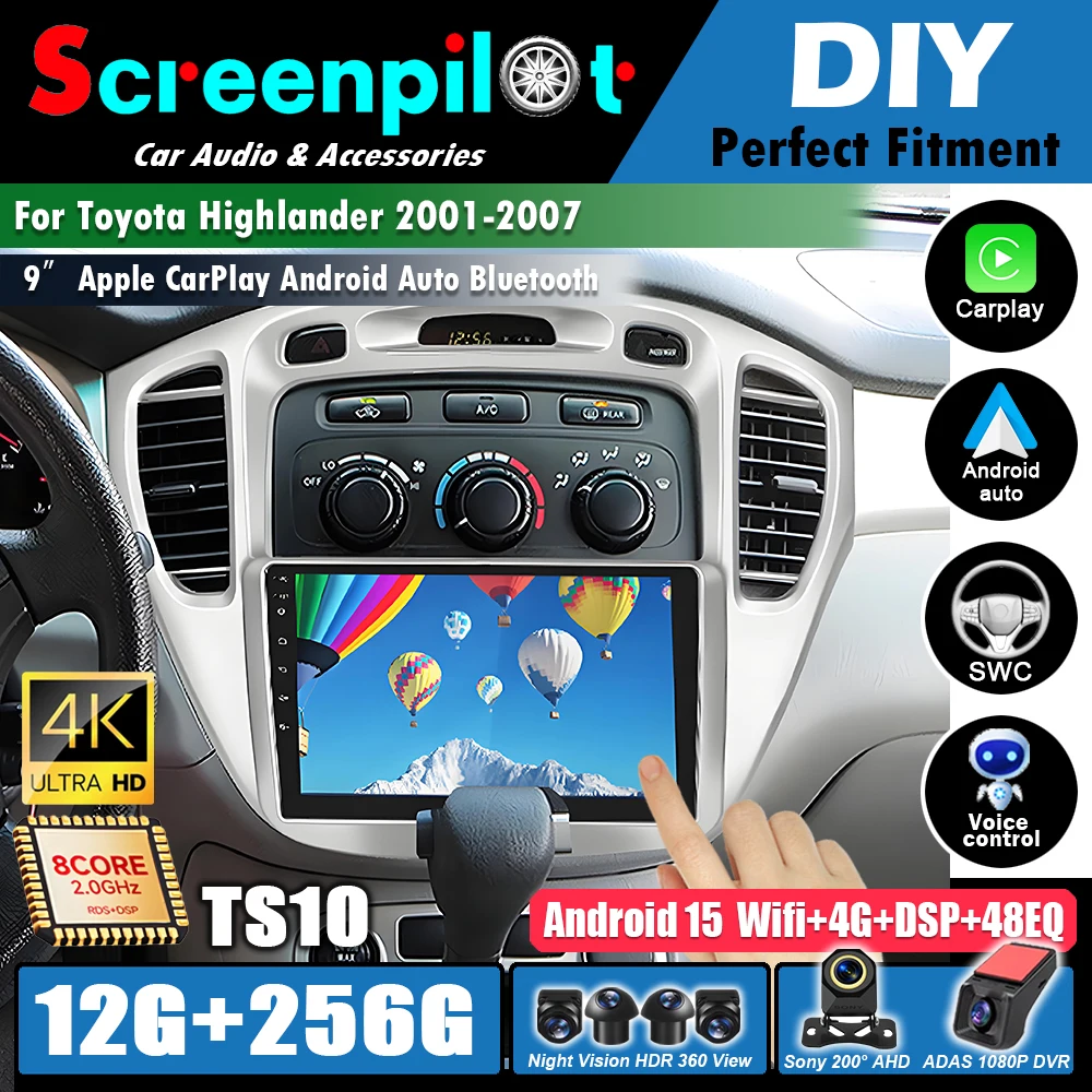 Android15 2 Din For Toyota Highlander 2001 - 2007 Car Radio Multimedia Video Player GPS Navigation CarPlay Stereo WIFI Head Unit