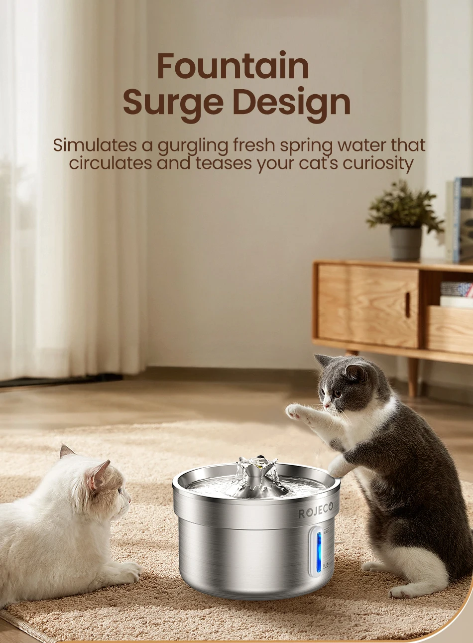 ROJECO Edelstahl-Trinkbrunnen für Haustiere, automatischer Katzen-Wasserbrunnen, intelligenter Wasserspender für Haustiere mit Pumpe für Hunde und Katzen – Detail 8