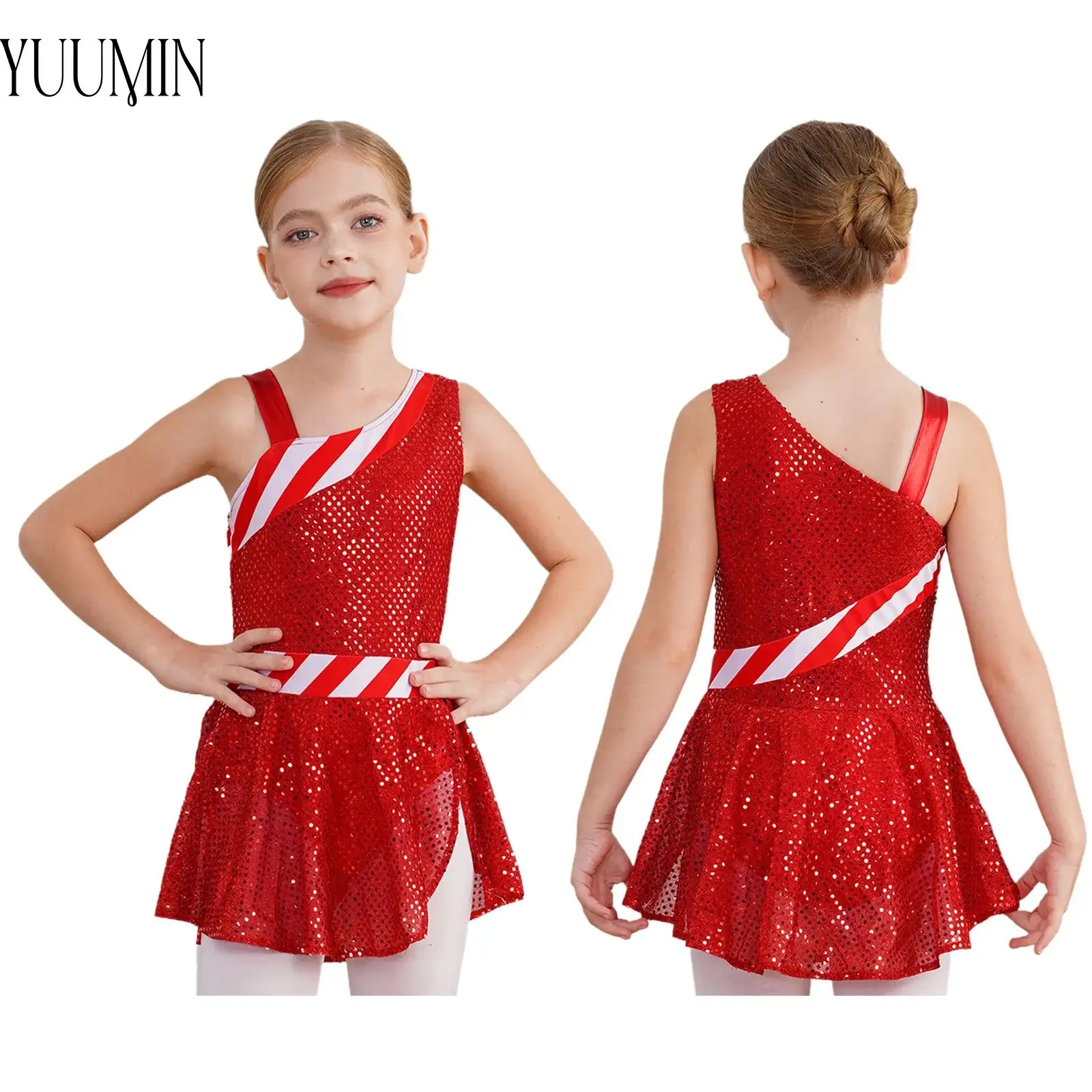 Kids Girls Christmas Costume Asymmetrical Shoulder Sleeveless Shiny Sequins Dress Dance Leotard Athletic Gymnastic Bodysuit