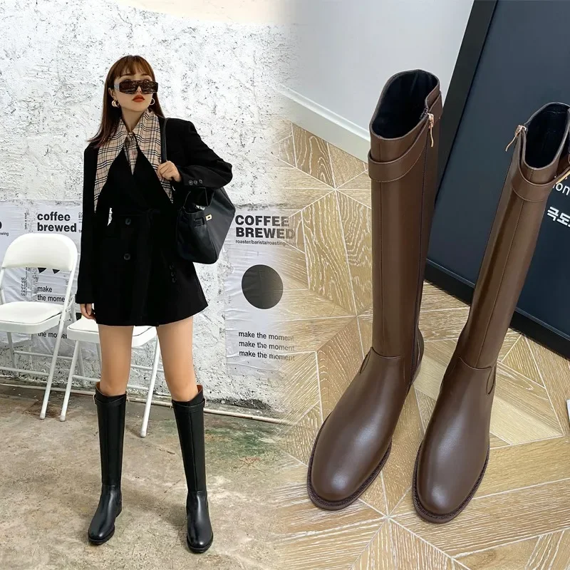 Women Low Heeled Knee High Boots Autumn Winter New Design Soft Leather Knight Boots Fashion Round Toe Warm Botas Botas De Mujer