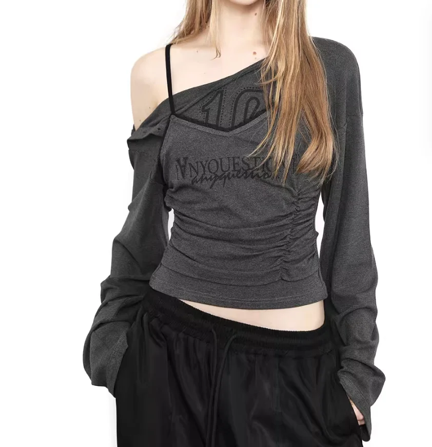 original design Faux Two Pieces Long Sleeve Strap Tshirt Off Shoulder Slim Printing Chic Fashion Streetwear Top Tees Grey White