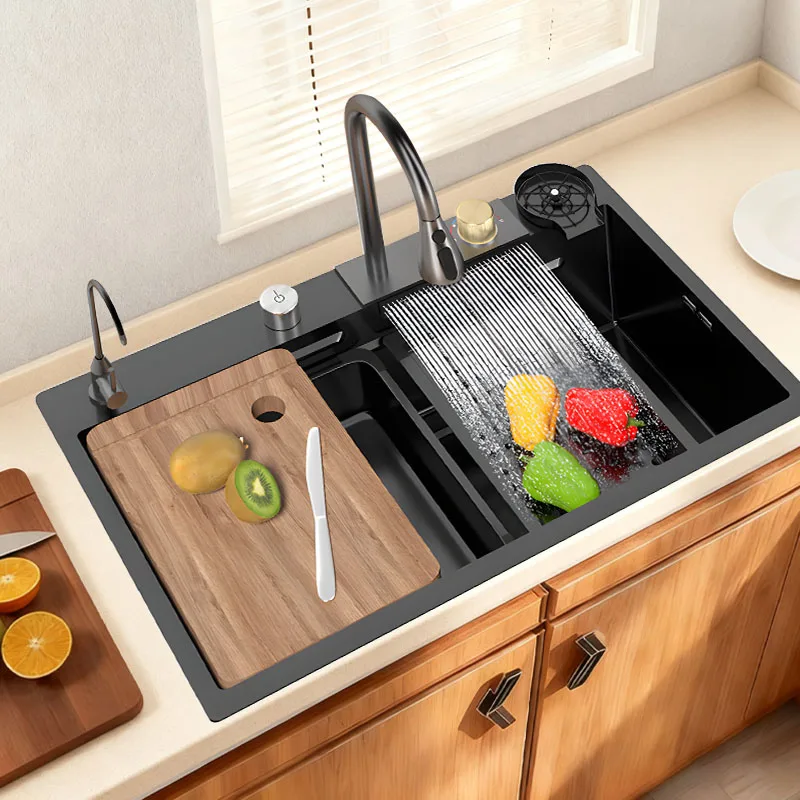 

Kitchen Large Capacity Sink 304 Stainless Steel Double-track with Basin in basin Drain basket Multifunctional Pull-out tap