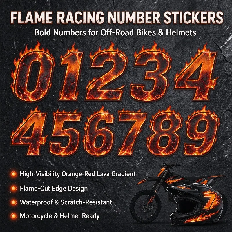 Reflective Volcano Flame Racing Number Vinyl Decal Waterproof Removable Sticker for Bike Helmet Off Road Smooth Surface
