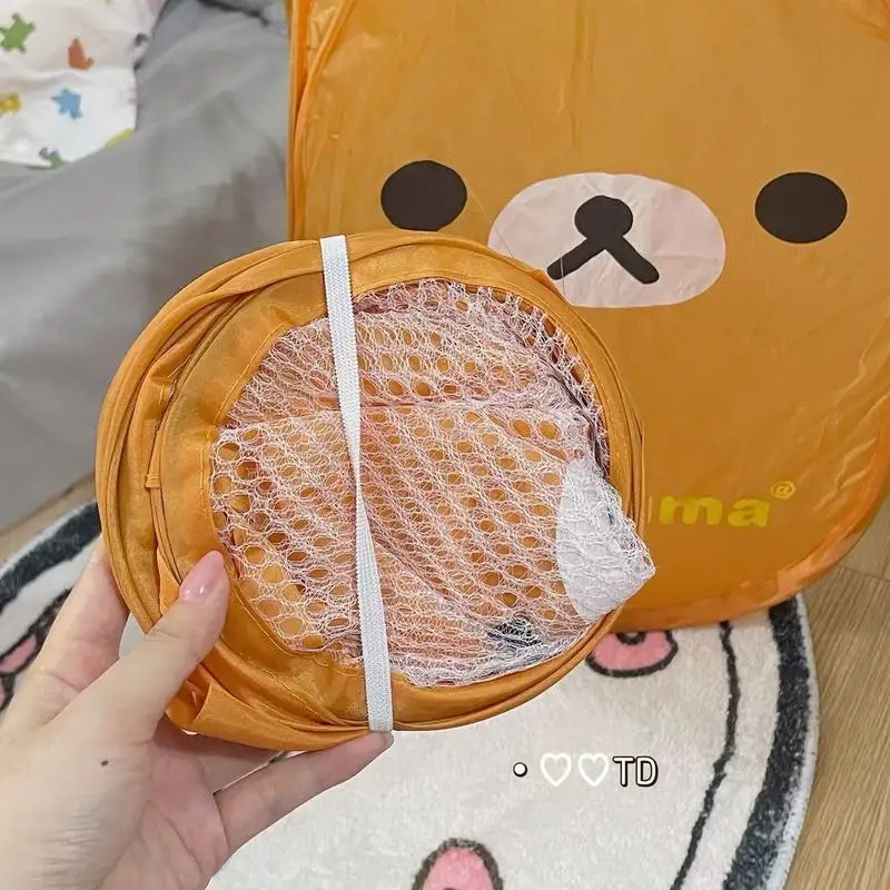 New Rilakkuma Mesh Folding Large Capacity Laundry Basket Cartoon Portable Storage Frame Dormitory Household Laundry Basket