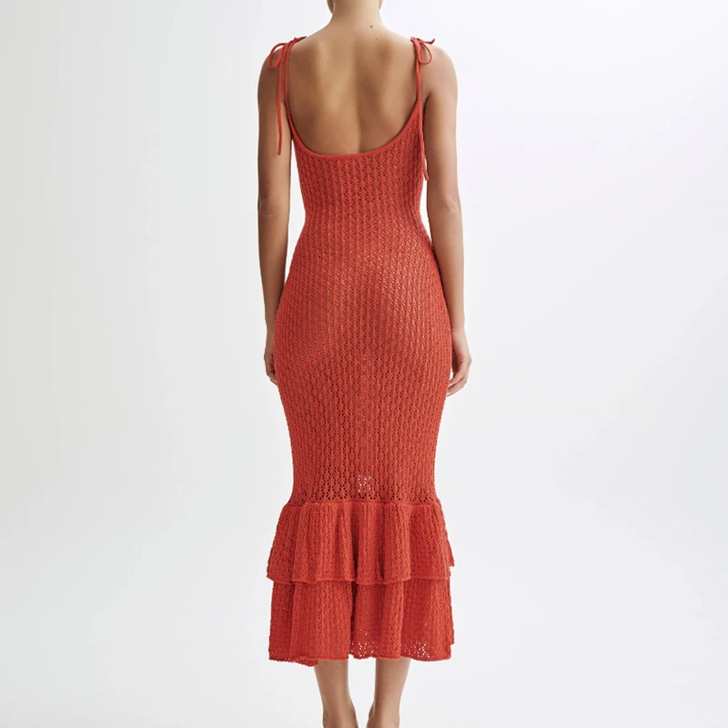 ชุดคลุมบิกินี่ถักสำหรับวันหยุดพักผ่อนริมชายหาดสำหรับผู้หญิง สีพื้น แต่งระบายสองชั้น ชุดเดรสแบบสลิป เซ็กซี่ โชว์เนื้อผ้าแบบโปร่ง ชุดคลุมชายหาด