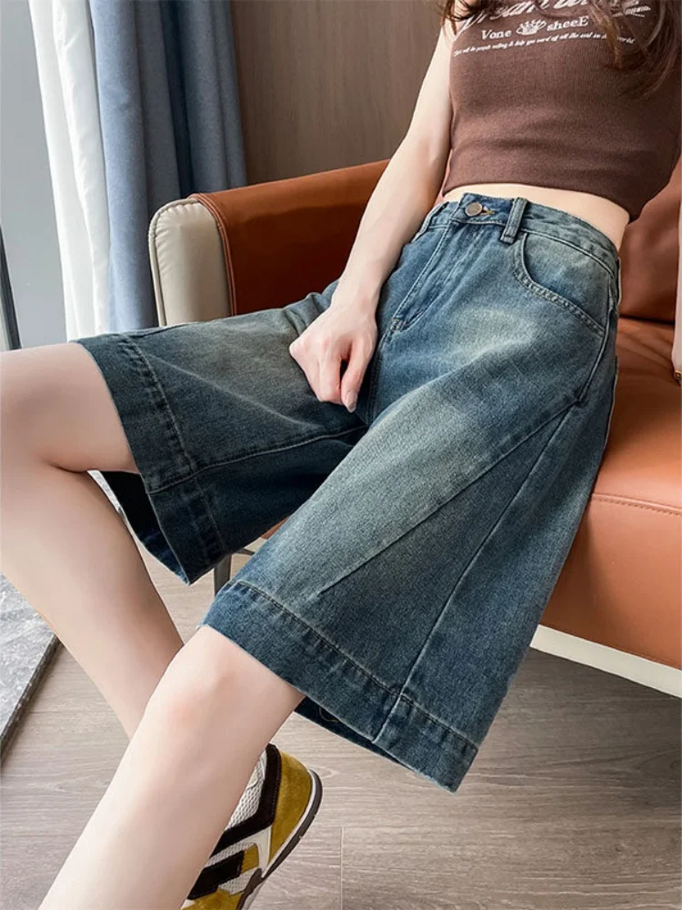 

Retro Wide Leg Five-Point Denim Shorts Women's Summer Thin Loose Hip Covering Small Size Straight Tube 5-Point Mid-Pants