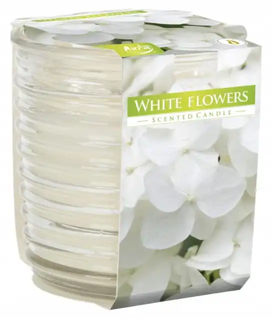 Witte bloemen 8x8,2 cm tot 28H brandende kaars in een pot