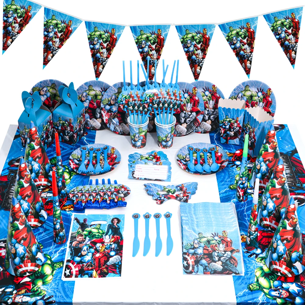 

10 People Avengers Boy Birthday Party Decoration Tableware Set Paper Plates Cups Box Gift Bags Background Banner Balloon