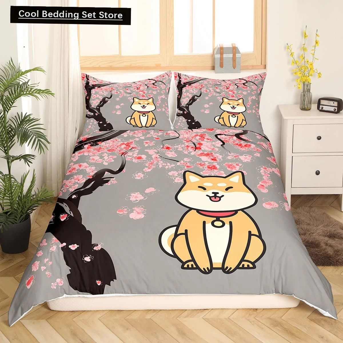 

Cartoon Shiba Inu King Queen Bedding Set Yellow Pet Puppy Duvet Cover Cherry Blossoms Tree Quilt Cover Polyester Comforter Cover