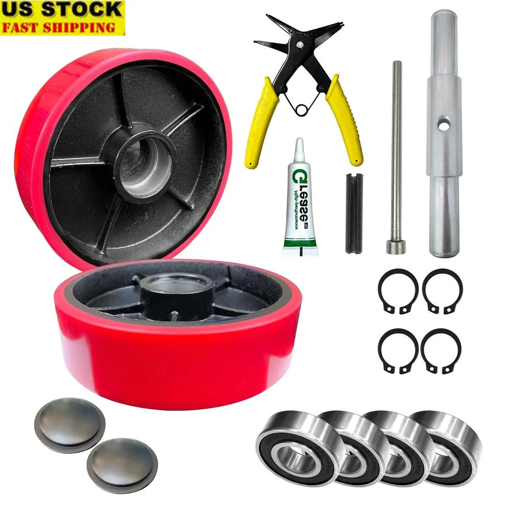 Pallet Jack Steer Wheel Kit 7"x2" Polyurethane Red Bearings Axle Caps 2PC Set