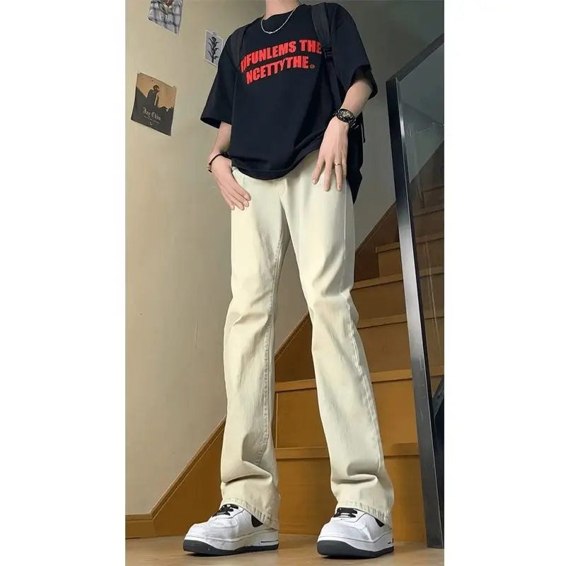 

American High Street Yellow Mud Bend Knife Jeans Men's Spring Autumn New Style Handsome Straight Leg Micro Flared Long Pants