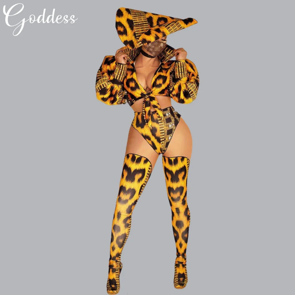 

Vintage Leopard Print Top + Shorts + Stocking + Hats Party Outfit Sets Women Nightclub DJ DS Dancer Stage Costumes Singer Wear