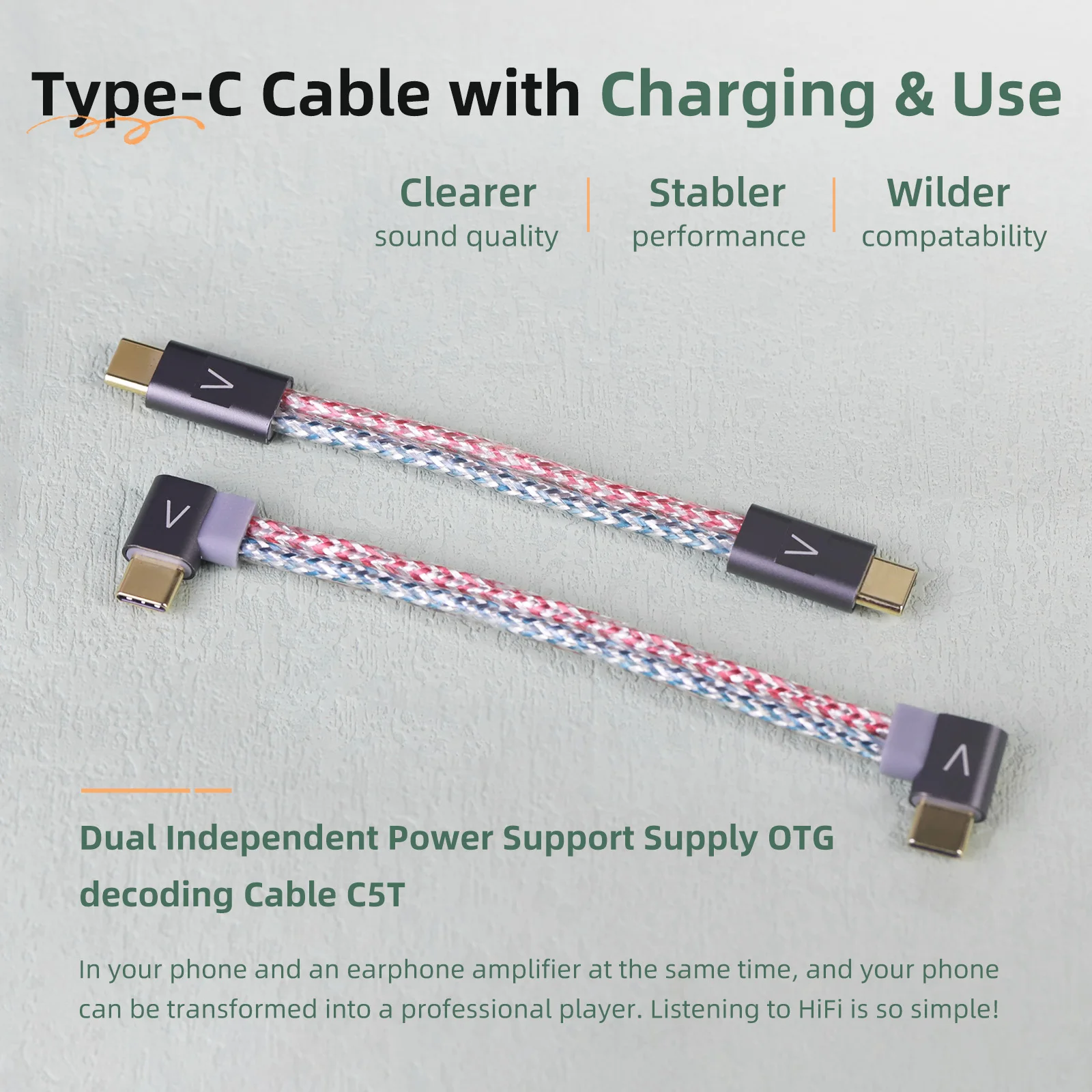 OKCSC C5T Type-C to Type-C OTG Decoding Cable USB C to USB C Portable Decoding Amp Adapter Cable Single Crystal Copper/Silver