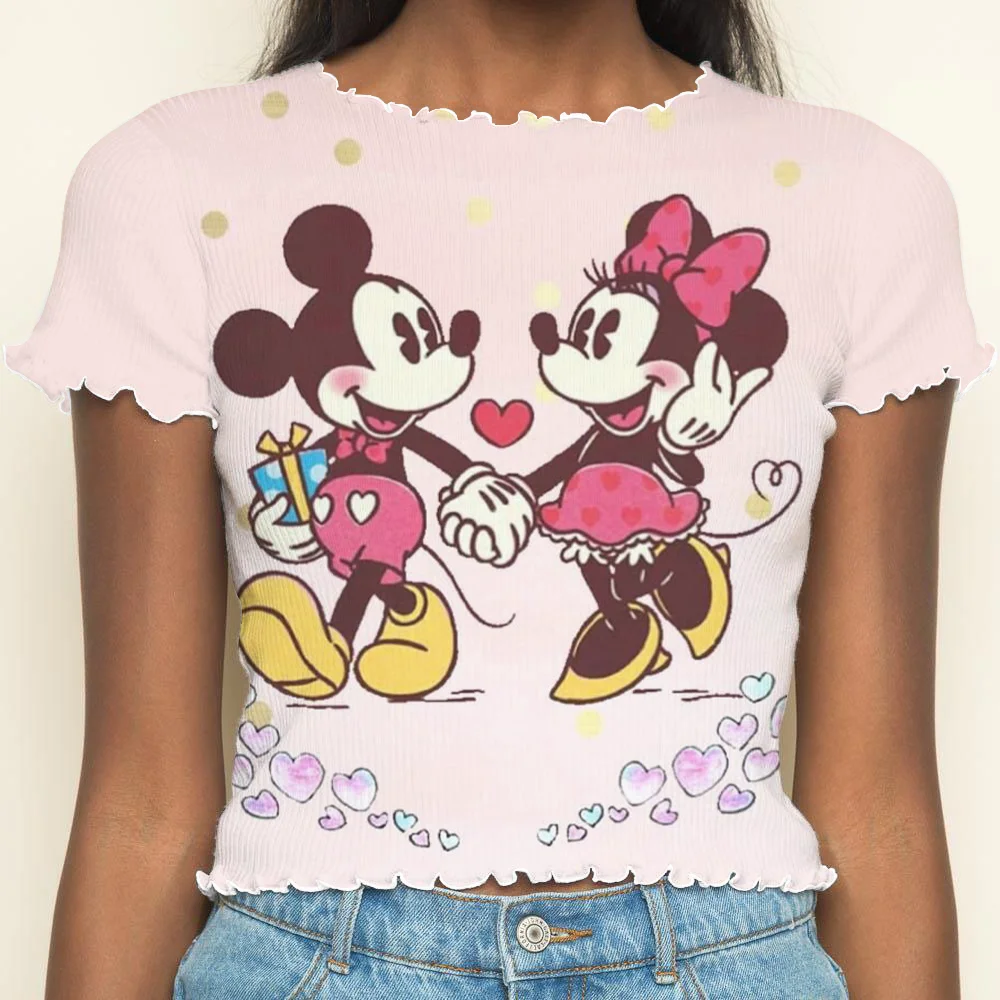 Woman Clothing Summer Clothes Women 2024 Crop Top Lettuce Trim Y2k Minnie Mouse Tops Sexys Disney T-shirts T-shirt Short Sleeve