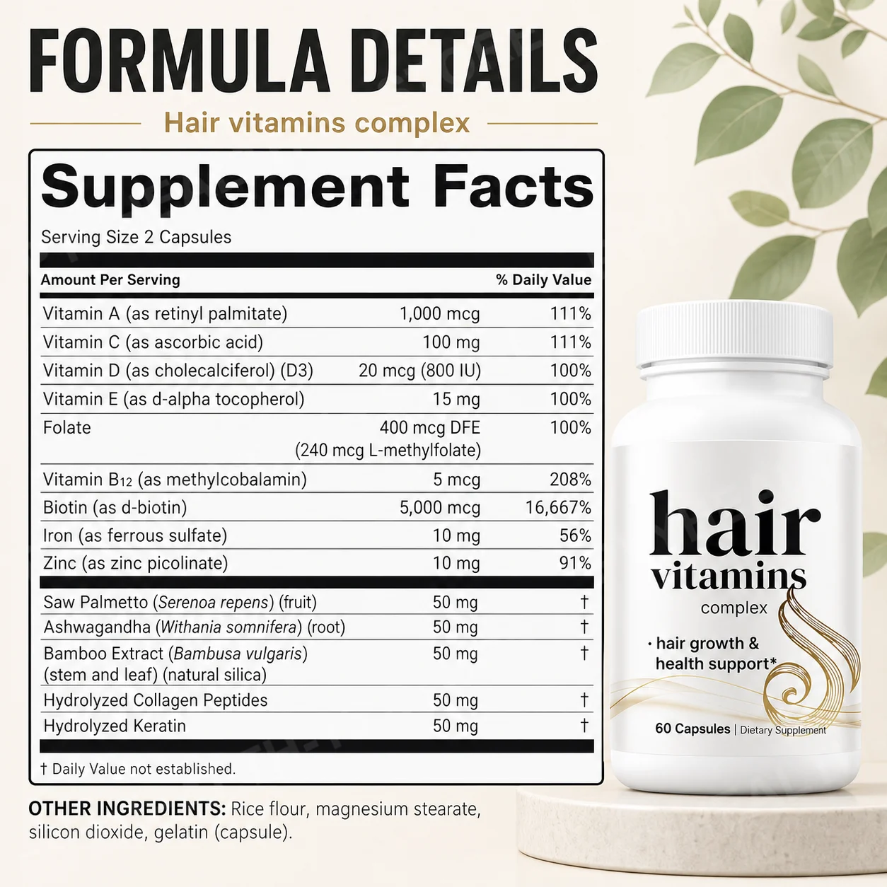 Hair Growth Vitamins for Women & Men, 14-in-1 Biotin Collagen Keratin Complex, Thicker Fuller-Looking Hair Routine, 60 Capsules