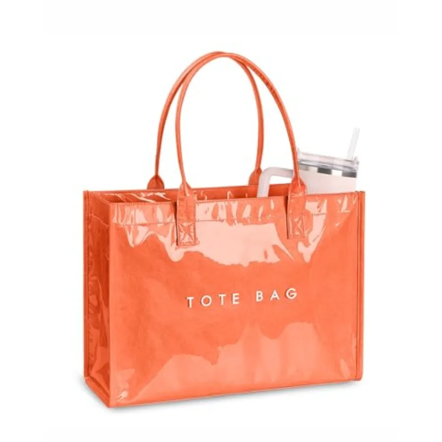 

Large PVC Tote Bag for Women Kraft Paper Handbag Beach Tote with Letter Print Top Handle Purse for Work Travel Shopping