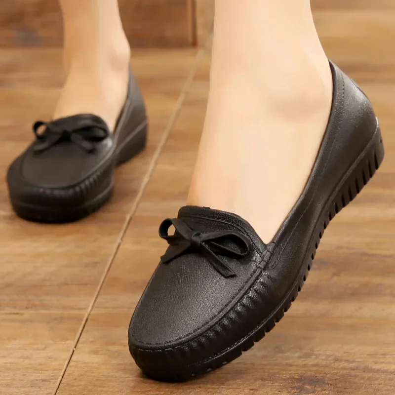 Sapatos Femininas Women Cute Round Toe Bow Tie Waterproof High Quality Rubber Flat Shoes Lady Casual Comfort Spring Loafers A254