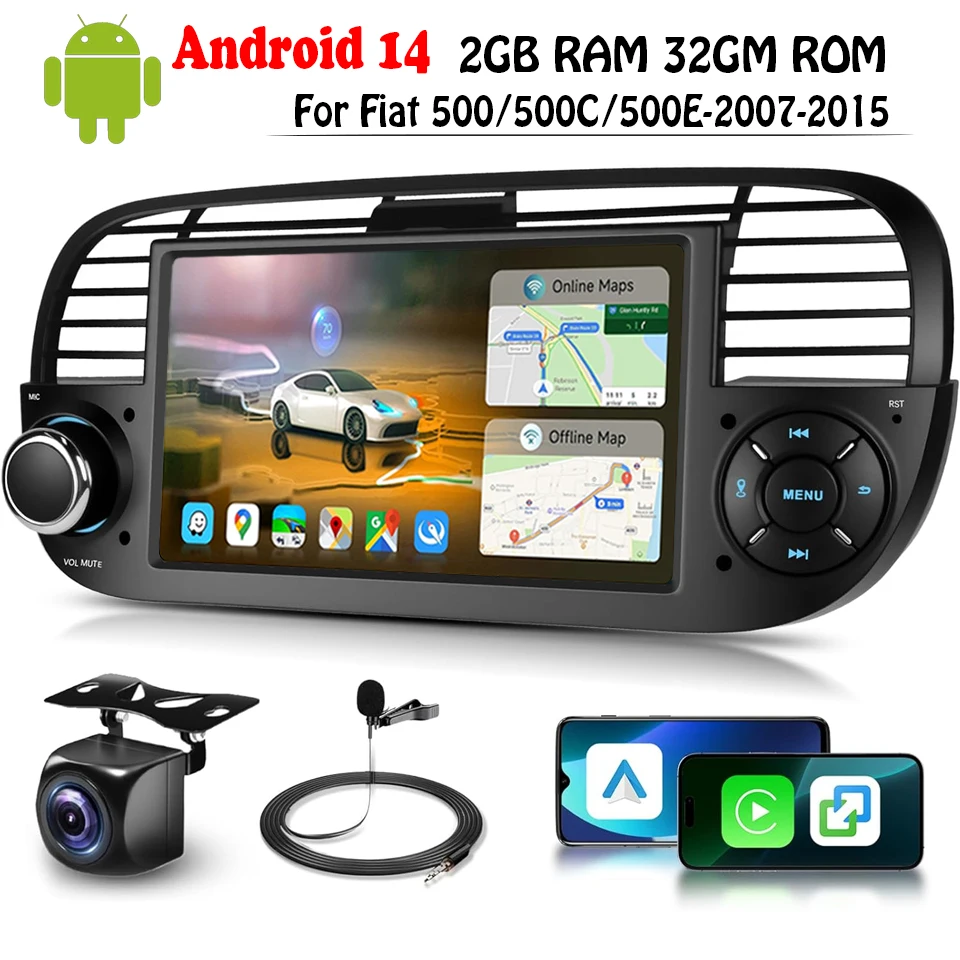 XFY Android 14 Wireless CarPlay für Apple 2Din Autoradio für FIAT 500 Abarth 2007 2008 2009–2015 Multimedia-Bildschirm Stereo-GPS