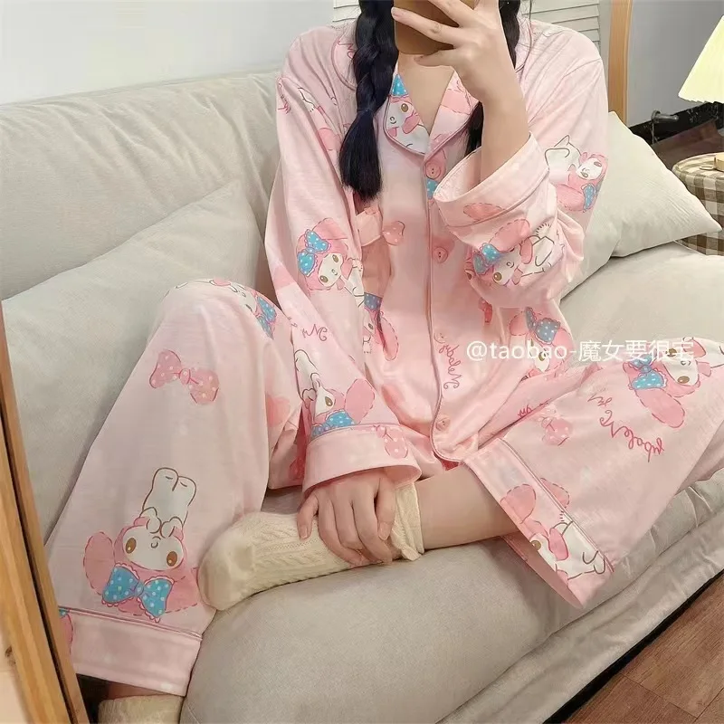 Cute Sanrio Kuromi Cinnamoroll Pajamas Set Hellokitty for Woman Cotton Long Sleeve Sleepwear Suit Sexy Home Wear Cloth Girl Gift