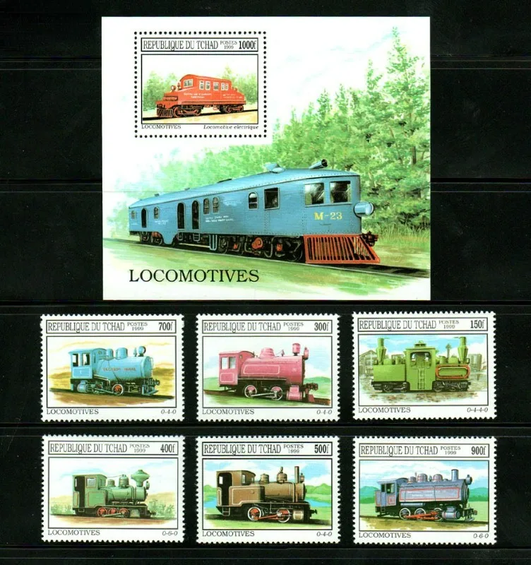 6 PCS+1, Chad, 1999, Train, Real Original Post Stamps, MNH