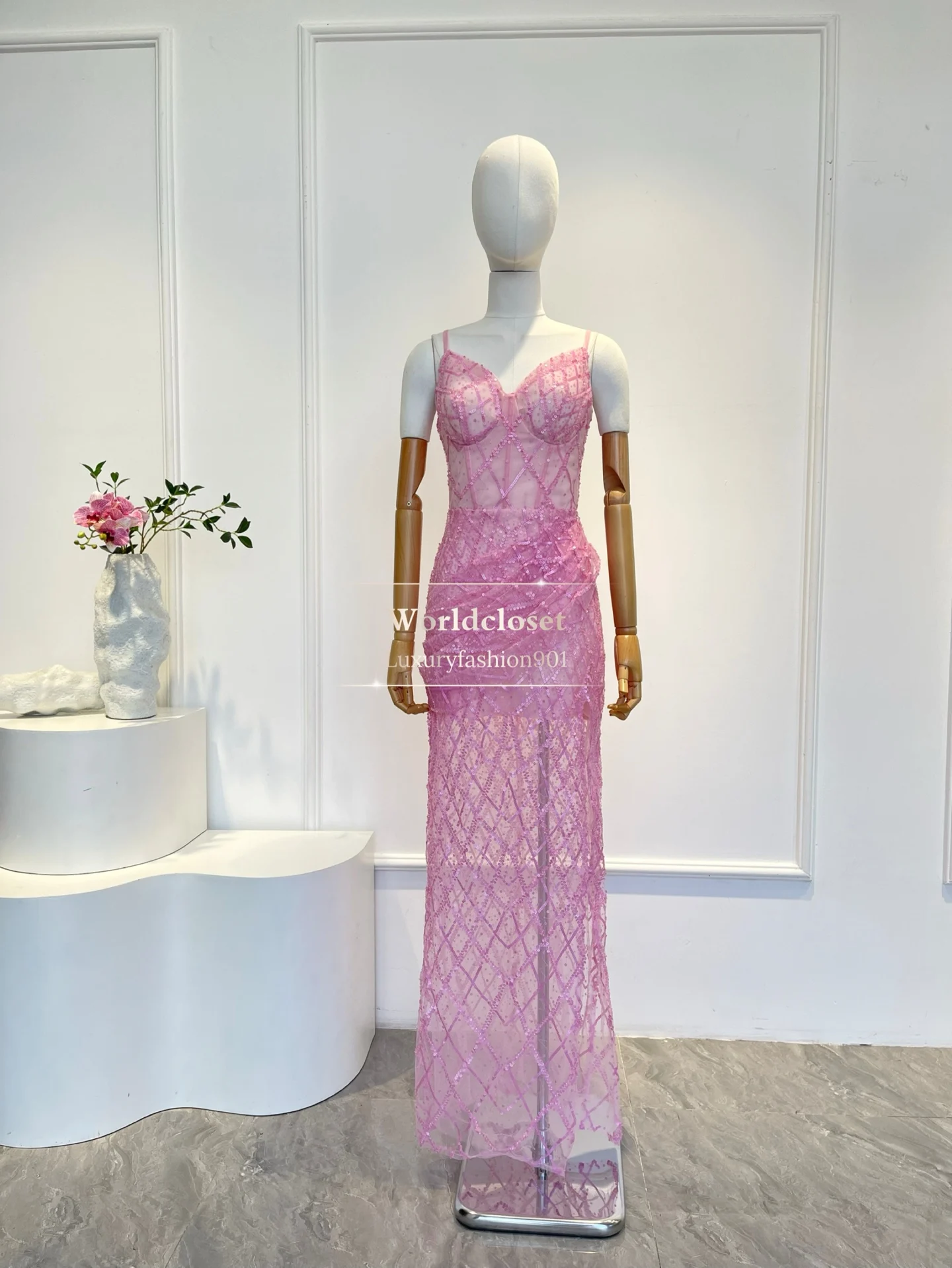 جودة عالية البنفسجي الأرجواني أكمام الترتر شبكة أنبوب عارية الذراعين فستان ماكسي #2