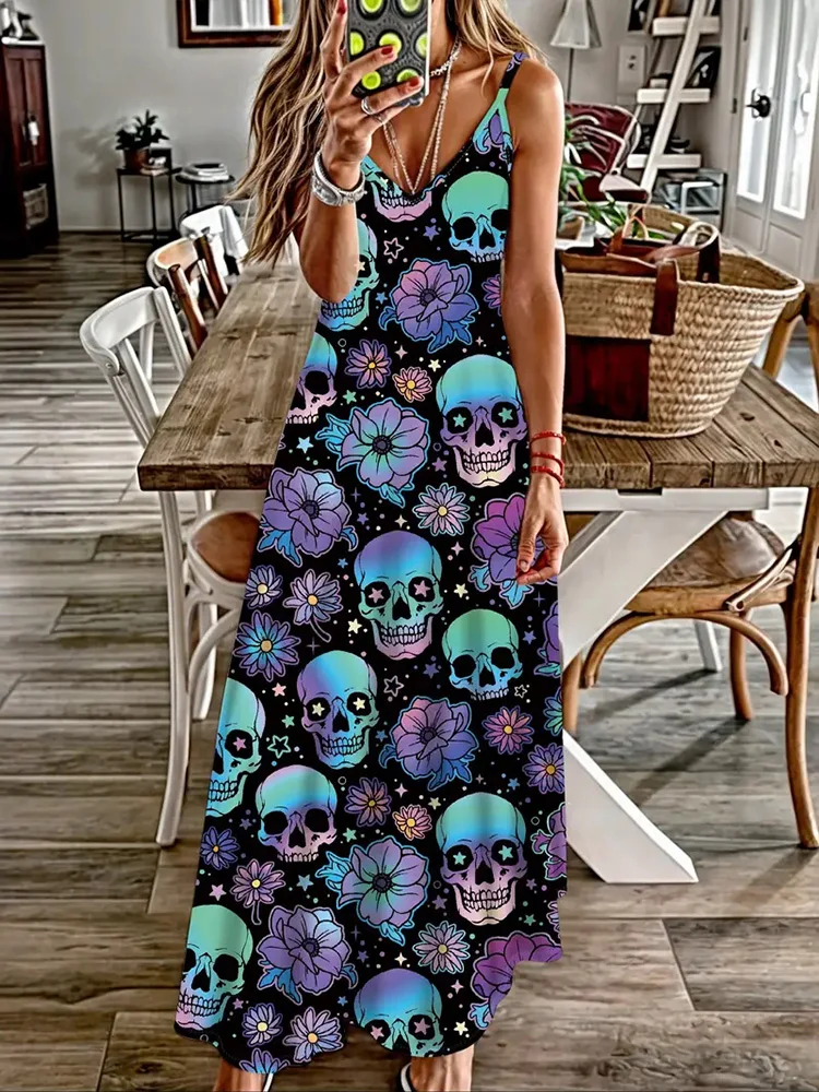 

3D Skull Print Women's Long Dress Summer New Daily Casual Women's Sleeveless Dress Urban Street Fashion Women's Elegant Dress
