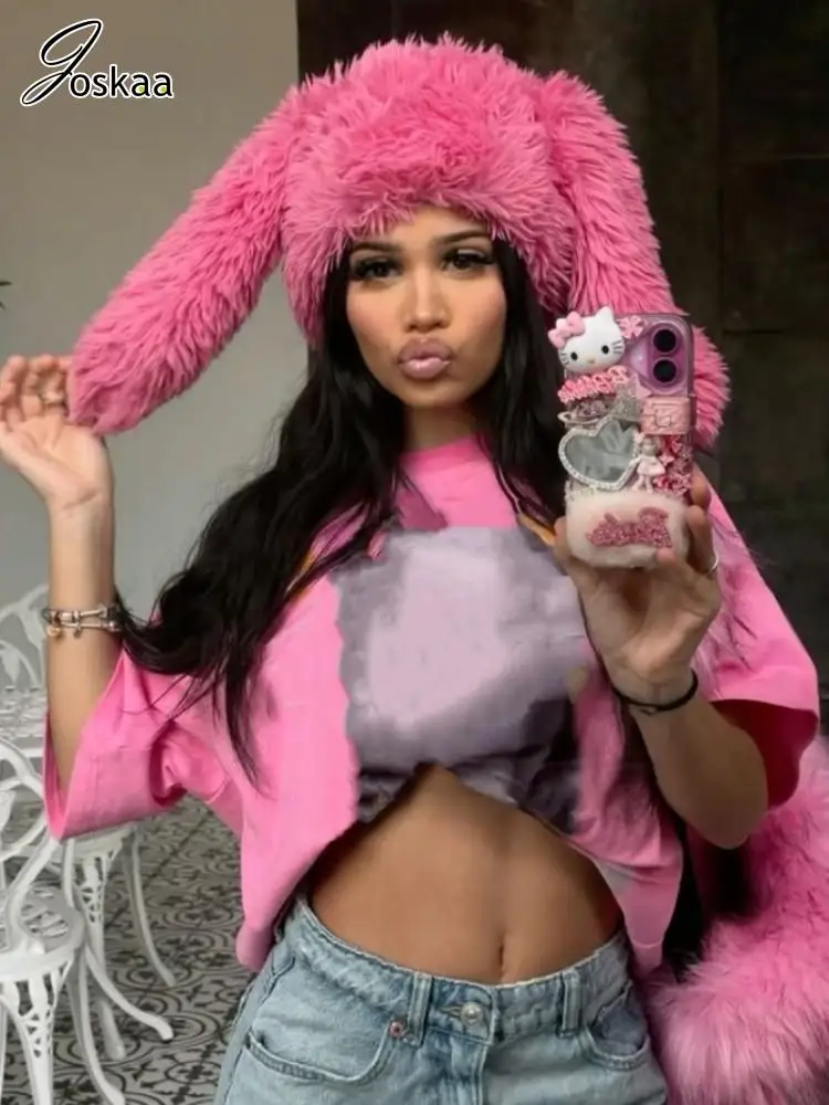 

Joskaa 2025 Winter Cute Rabbit Eared Plush Hat Women's Thick Warm Ear Protection Hat Female Bomber Hats