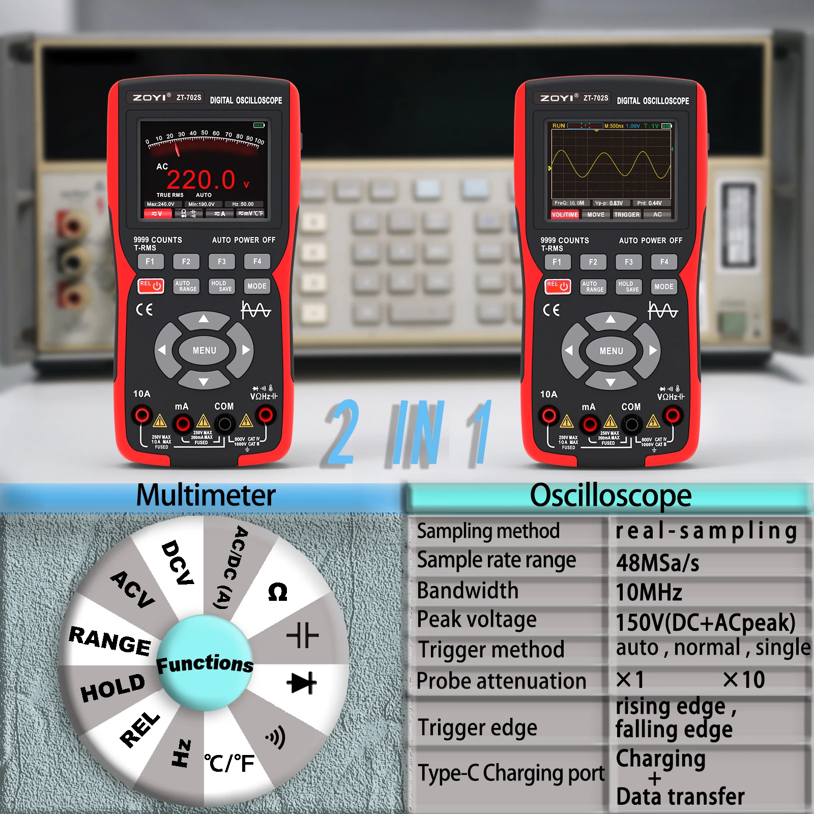 

ZOYI ZT-702S 2-in-1 Oscilloscope Multimeter with 2.8 Inch IPS Display,9999 Counts, Single Channel 10MHZ Bandwidth,48MSa/s