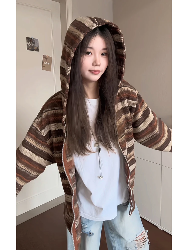 

Коричневый вязаный кардиган-худи в повседневном стиле для мужчин и женщин, осенняя шерстяная верхняя одежда из полиэфирного волокна