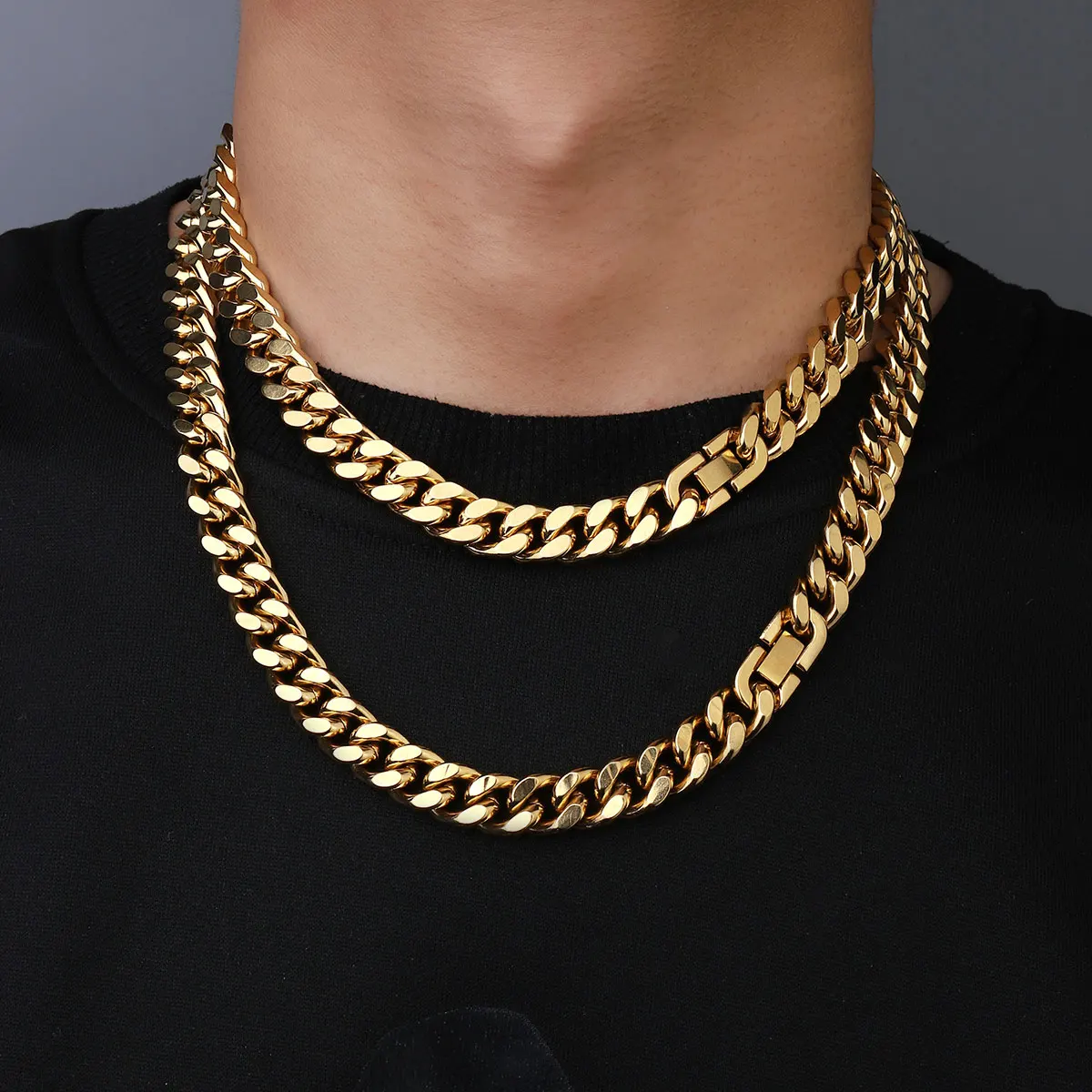 Hip Hop 18K Real Gold Plated Steel 11mm Cuban Figaro Four sided polished Link Necklace For Men JewelryGifts