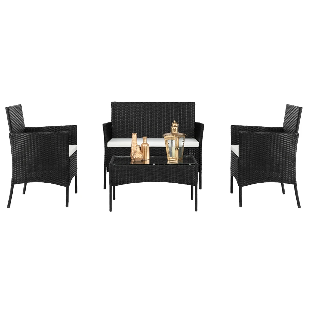 2pcs Arm Chairs 1pc Love Seat & Tempered Glass Coffee Table Rattan Sofa Set Black