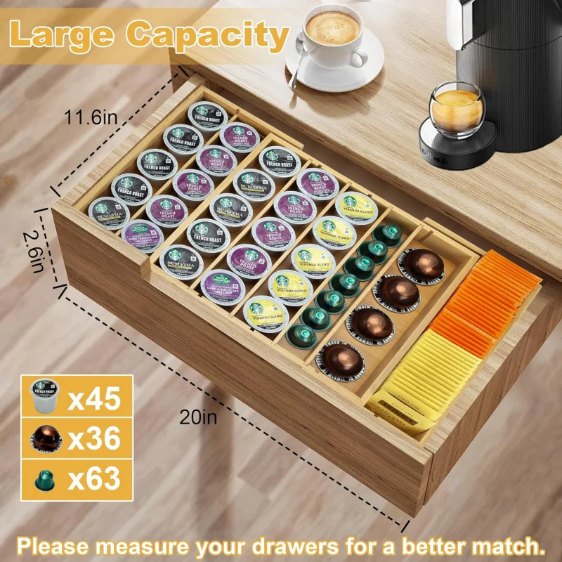 

Bamboo K-cup holder suitable for homes and kitchens, suitable for drawers or countertop coffee box holders, expandable storage