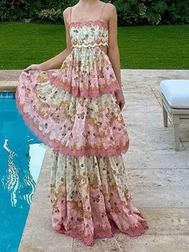 

Sweet Pink Print Women Sling Dress Slim Fit Off Shoulder Hollow Out Backless Layered Ruffle Bandage Robe New Lady Beach Vestido