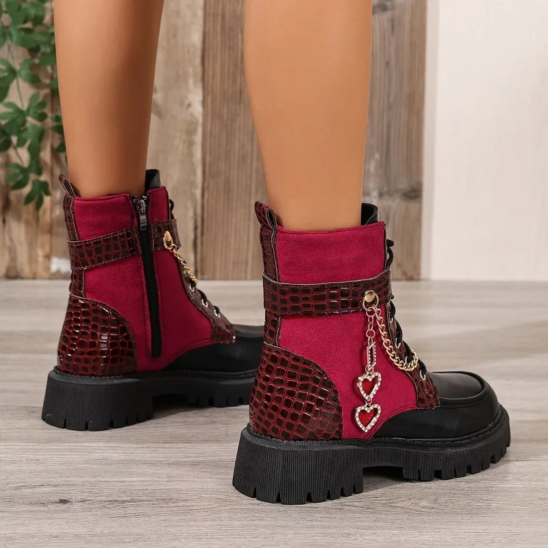 Sepatu Booties Model Round Toe dengan Rantai Logam, Tali, Sol Lembut Anti Selip, dan Hak Blok