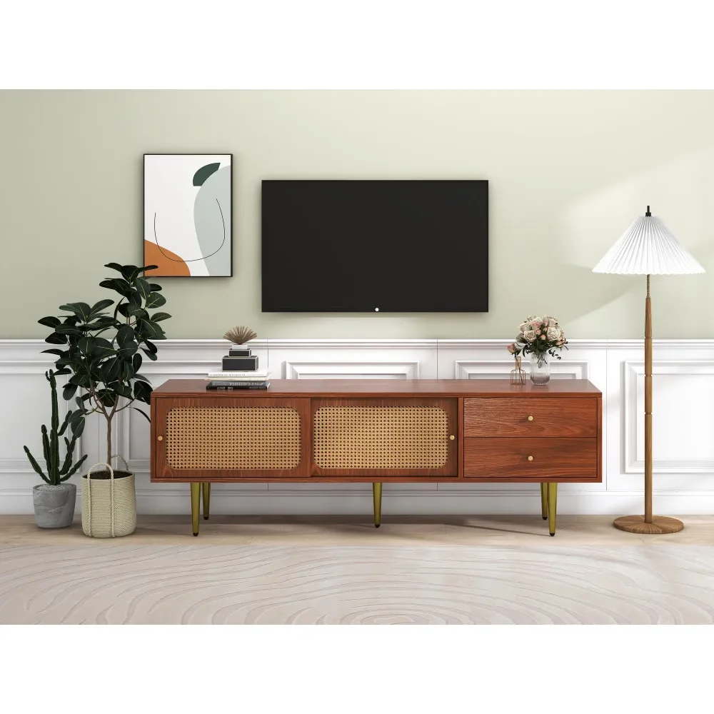 Stilvoller TV-Ständer aus Walnussholz mit 2 Rattan-Schiebetüren und praktischen Schubladen aus dunklem Kunststoff und Rattan – Detail 14