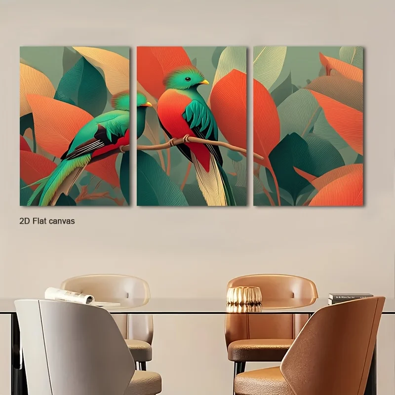 Frameless canvas 2D Flat, 2D Flat, 2D Flat Set Of Three Turquoise And Red Bird-Themed Canvas Artworks,  And Ready For Display