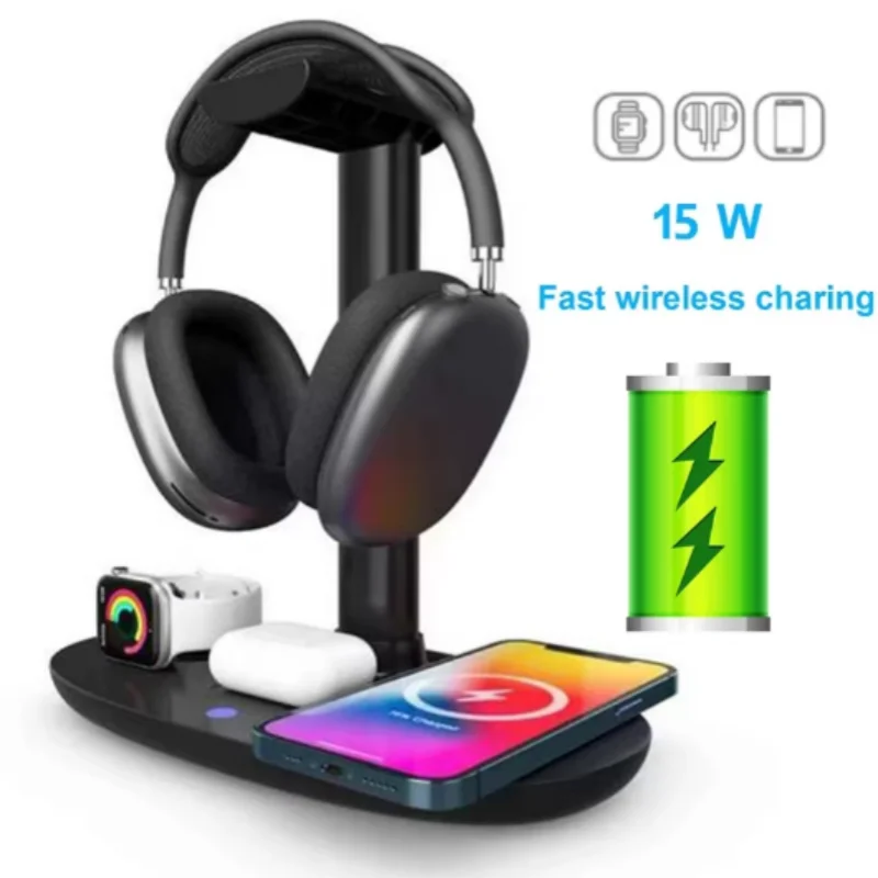 15W Headphone Stand with 4 in 1 Wireless Charger -Headset Holder Station Dock for Ios Watch AirPods Max/Pro/2/ IPhone 15/14/13