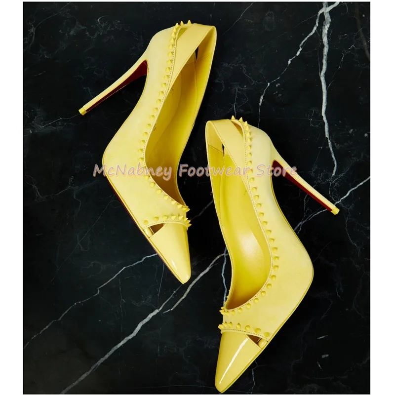 

Yellow Pointed Head Stilettos Decorated With Oranges Women's Shoes Spring And Autumn Banquet Wear Suede Patchwork Style