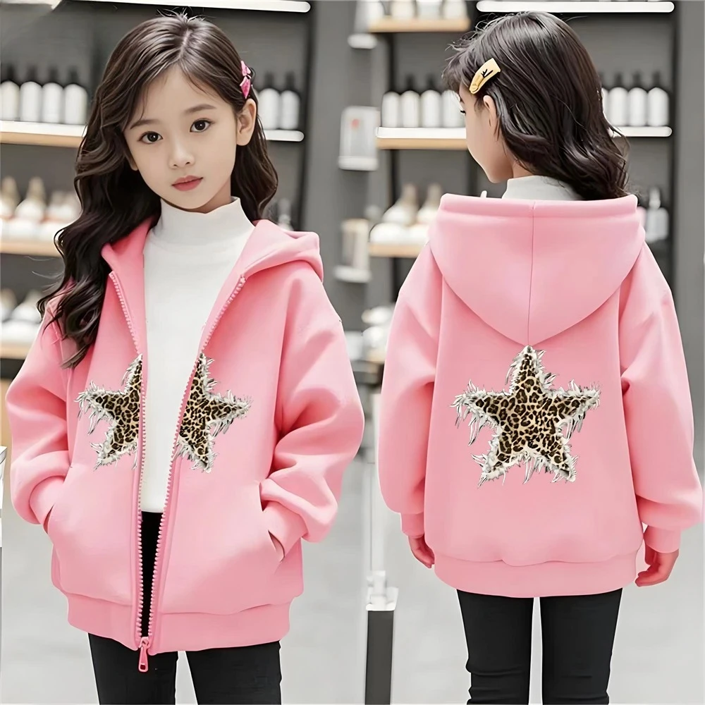 Leopard Print Pentagram Red Girl Hoodie Zip Up Tops Pink Black Gray Hoodies Kid Autumn Zipper Style Children Outdoors Coat