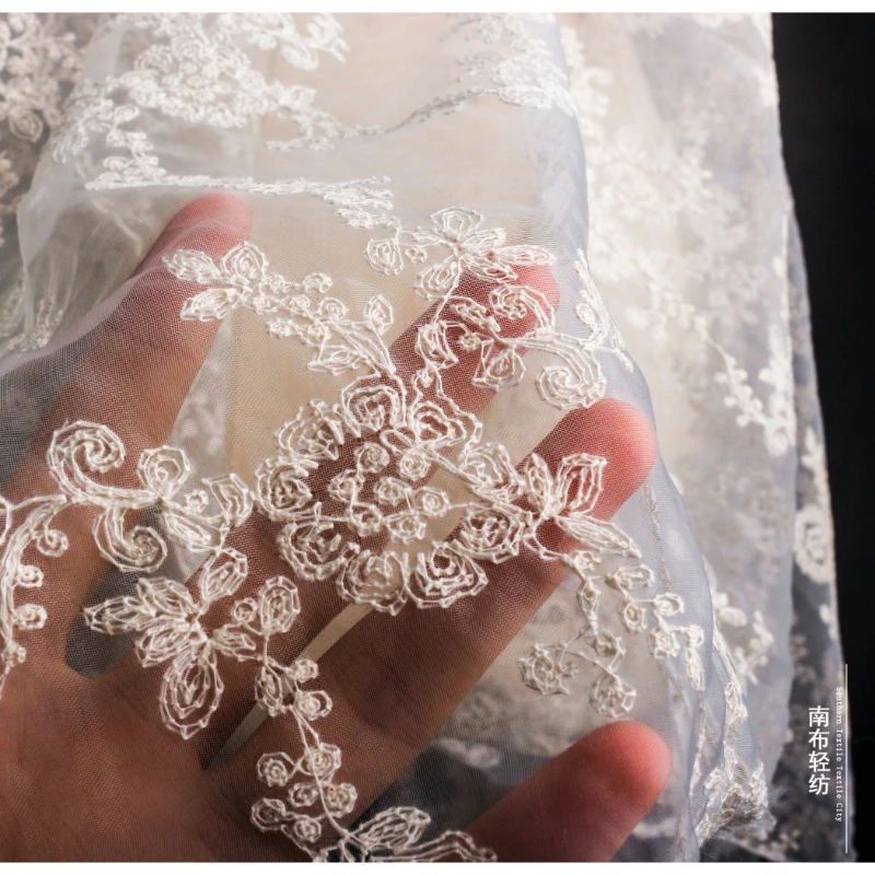 Jacquard Fabric Pure White Embroidery Pattern Mesh Lace Transparent Wedding Dress Cloth Apparel Diy Sewing Polyester Material