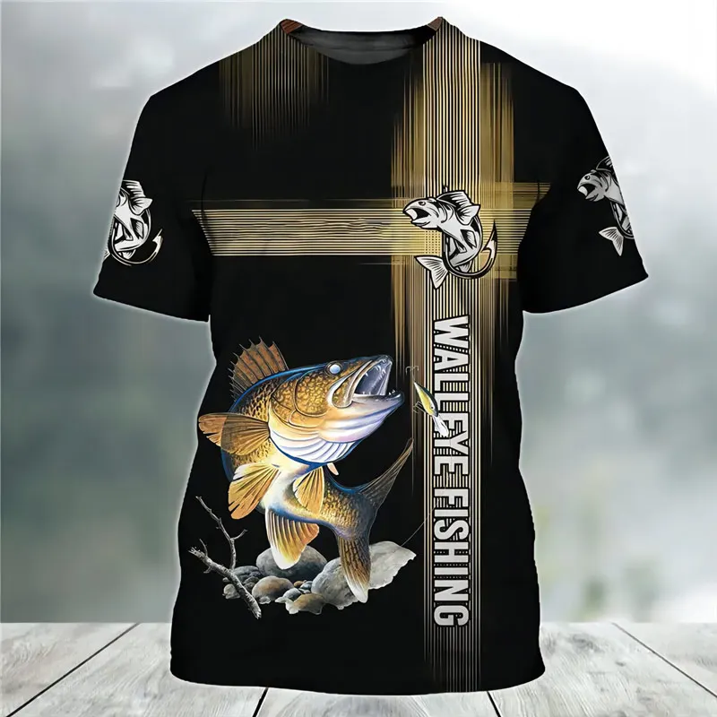 Camiseta 3d para hombre, ropa de pesca informal de peces marinos al aire libre, tendencia de moda, camiseta de manga corta de gran tamaño, camiseta