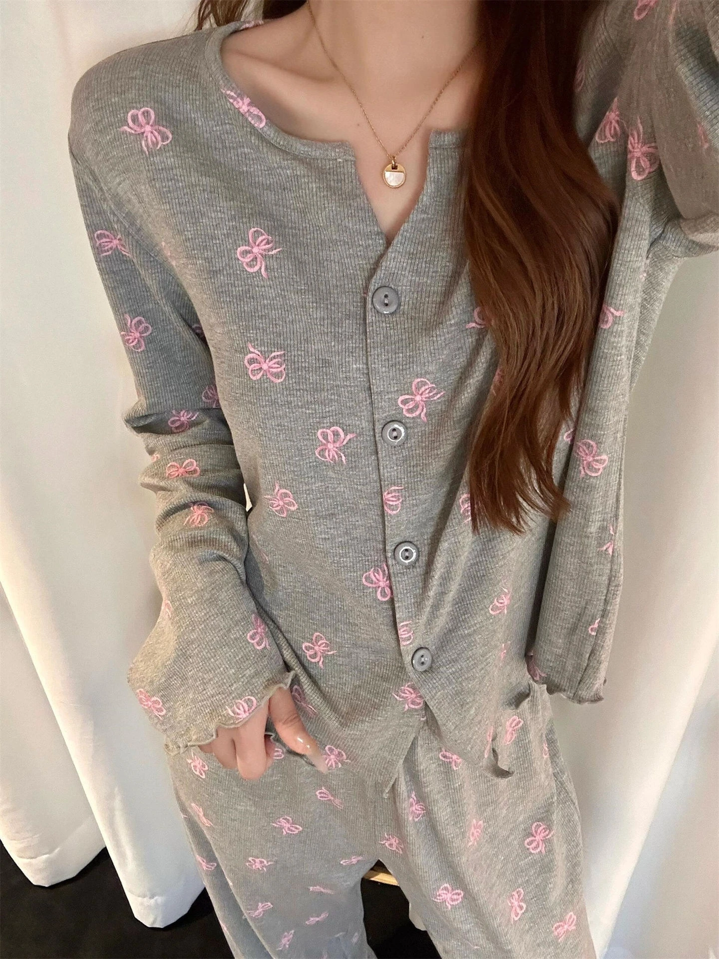Women Bow Print Pajama Set Long Sleeve Button Top & Pants 2Pcs Autumn Soft Loungewear Soft Comfortable Sleepwear Home Clothes - view 4