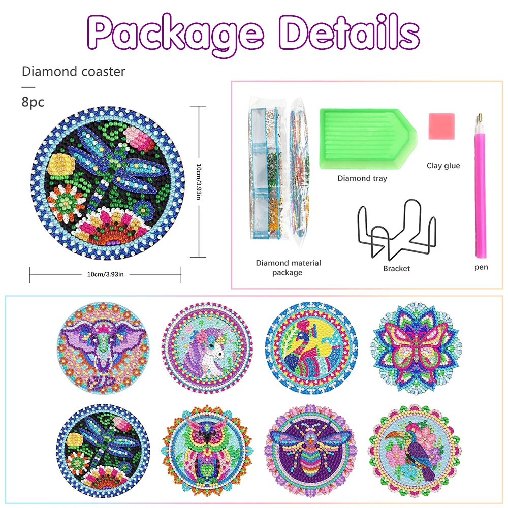 8Pcs/Set Diamond Art Coasters With Holder Diy Animal Pattern Drink Cup Cushion Diamond Painting Kits Decor For Beginner Gift